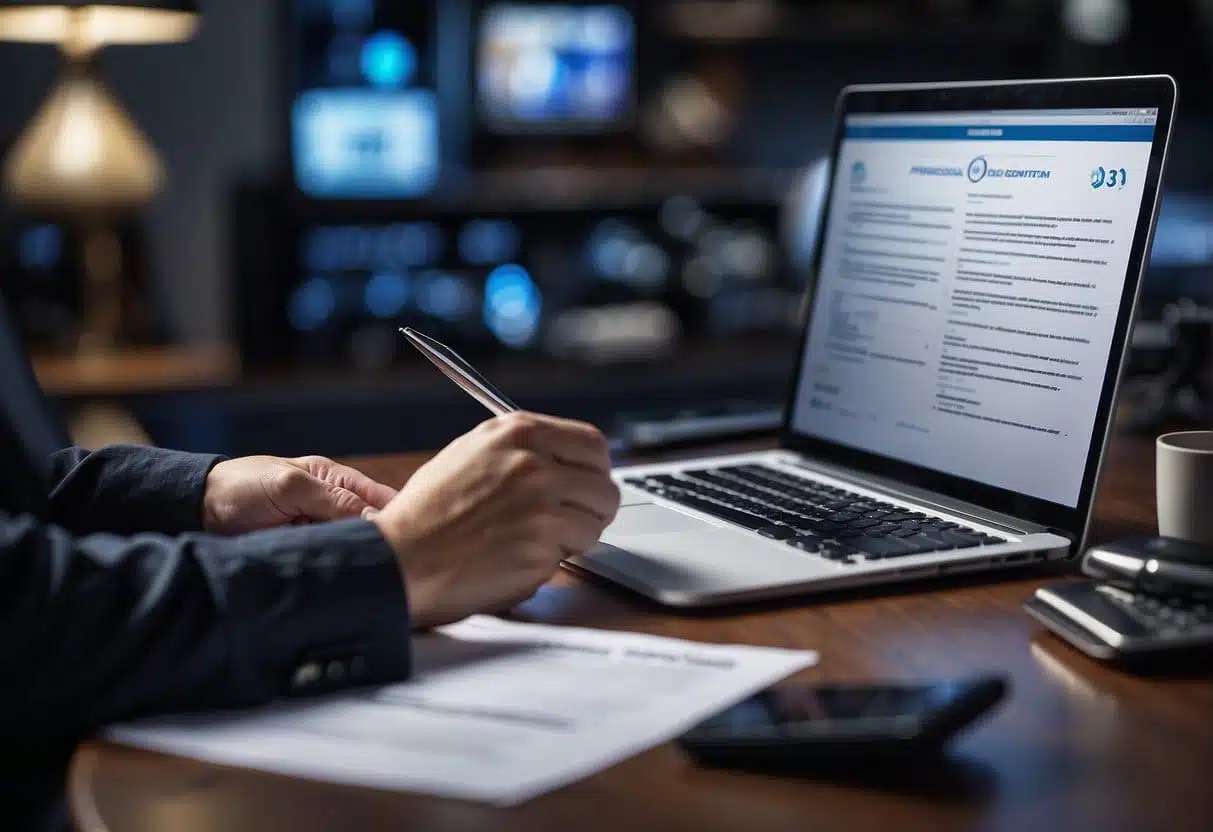 Person reviewing documents at a desk with a pen in hand, while viewing a resume or professional profile on a laptop screen. The workspace includes papers, a smartphone, and office equipment in the background.
