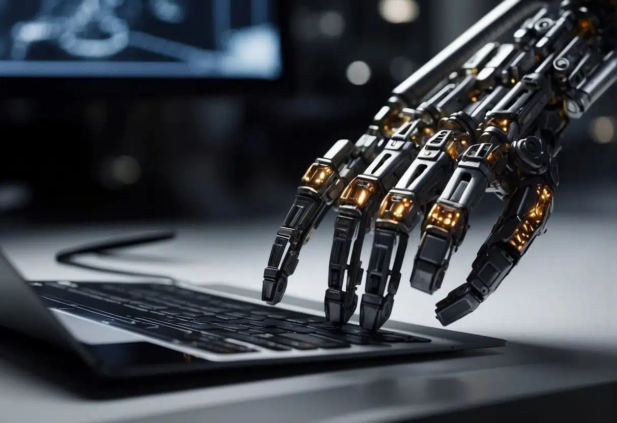 A detailed robotic hand with metallic joints and wires types on a laptop keyboard, set in a modern, high-tech workspace with a blurred monitor in the background.