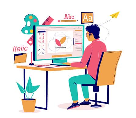 A person sits at a desk working on a computer, designing a logo with various tools and graphic elements around, including rulers, color swatches, a plant, and typography icons.