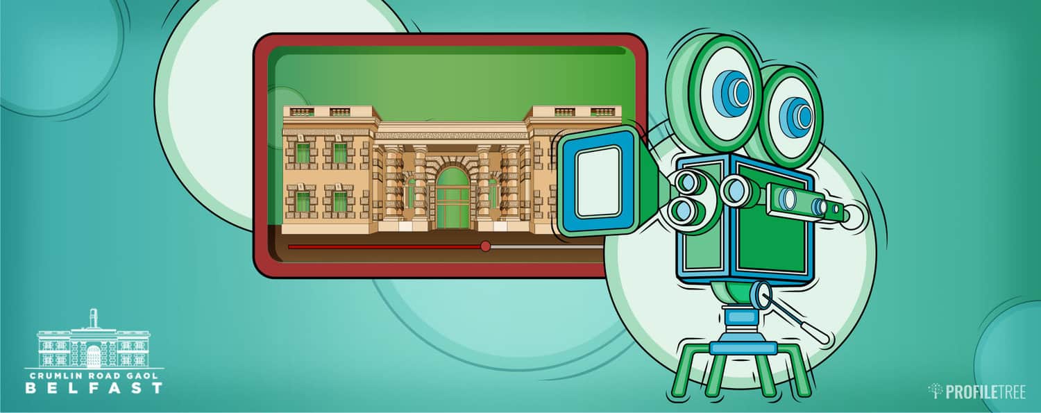 Illustration of exterior of Crumlin Road Gaol with video camera in foreground