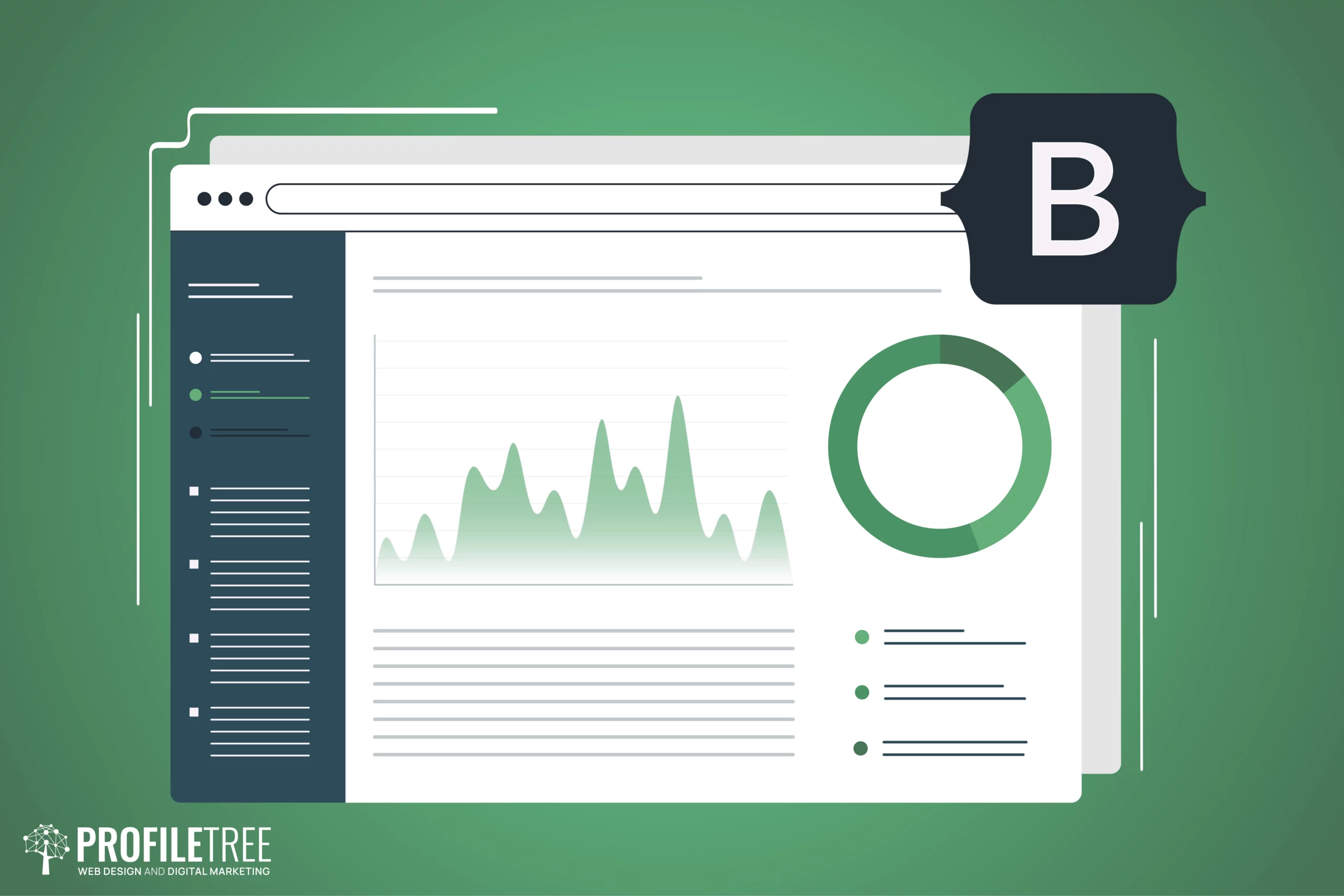 A digital dashboard displaying analytics, including a line graph, a green pie chart, and lists on a web interface. A large B icon is in the upper right. The ProfileTree logo is at the bottom left.